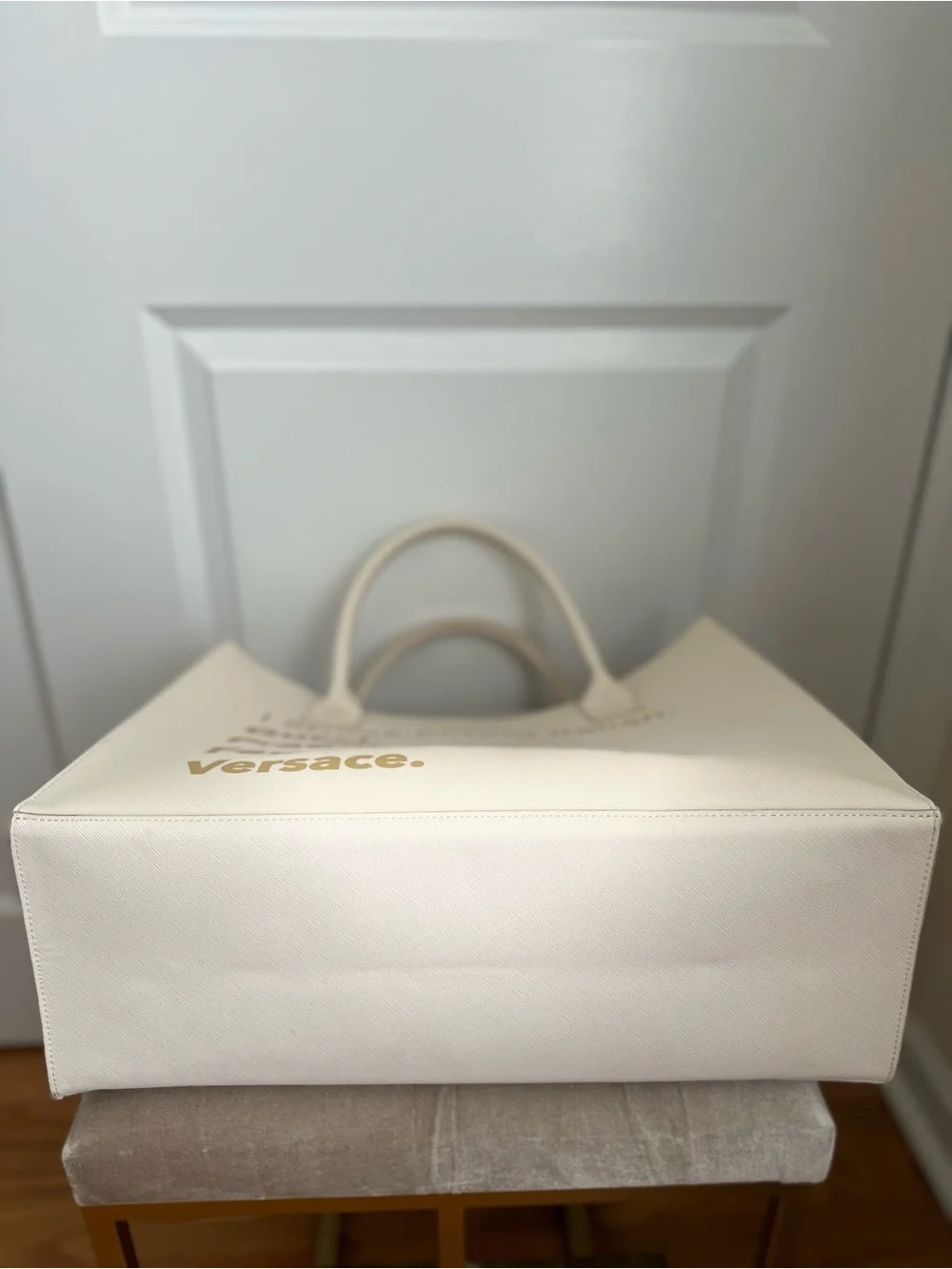Cream Large Tote Bag with Gold Text - Designer Logo Statement - Picture 4 of 5